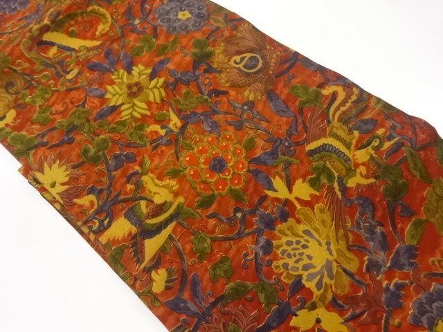 縮緬地花唐草に鳥模様名古屋帯